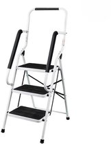 Bol.com PolderGoods - Extra Veilige Huishoudtrap van Staal - 3 treden - keukentrapje 3 treden met Leuning - Vouwladder | Max 150... aanbieding
