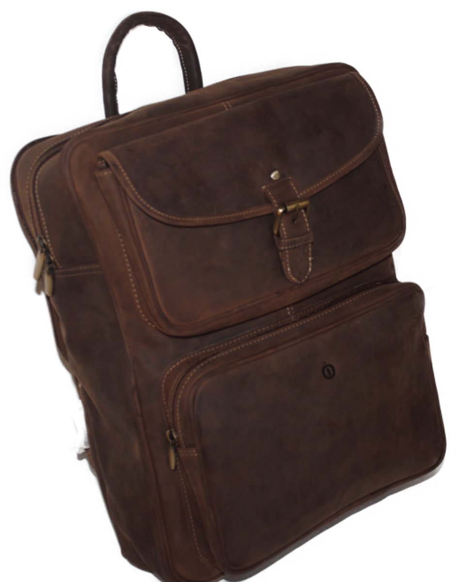 Oi Hunter bruine rundlederen Rugzak Tonnie / zeer ruime rugtas met laptop vak / grote rugtas met rits / laptoptas voor op de rug met veel extra ruimte / leren school of werktas op de rug te dragen / bruin leer / 447H