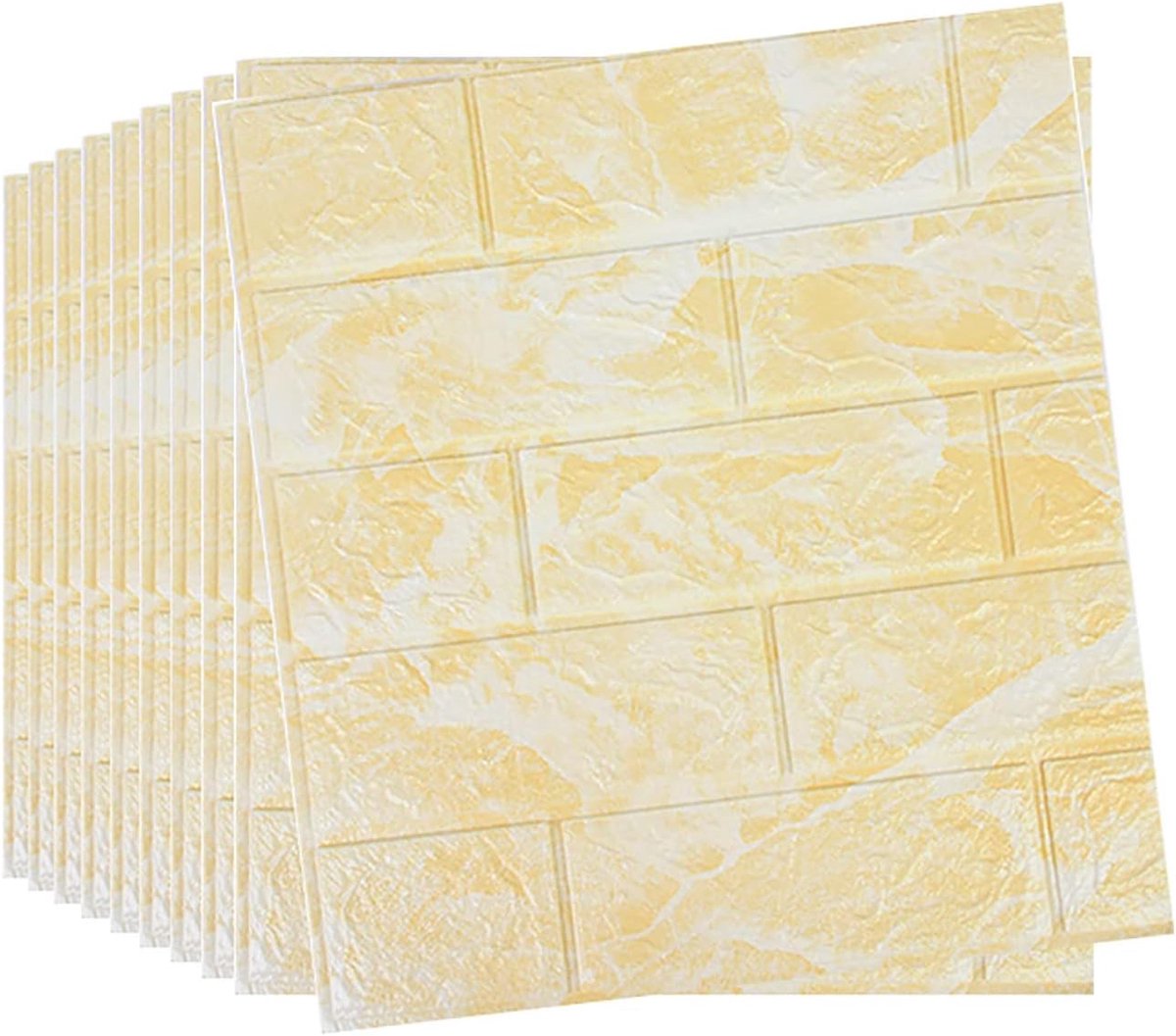 10 stuks 3D-wandpanelen, zelfklevend, 39 x 35 cm, afwasbaar behang, baksteenlook, muursticker, anti-botsing schuim, wandpaneel voor slaapkamer, woonkamer, keuken (marmergeel)