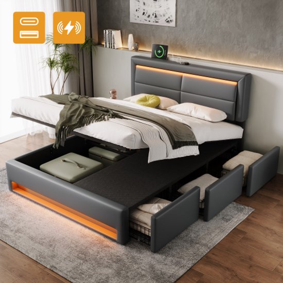 Moimhear Hydraulisch opbergbed met LED-verlichtingsstrip, tweepersoonsbed bedframe gestoffeerd bed 160x200cm, functioneel bed, (wit, 160x200cm