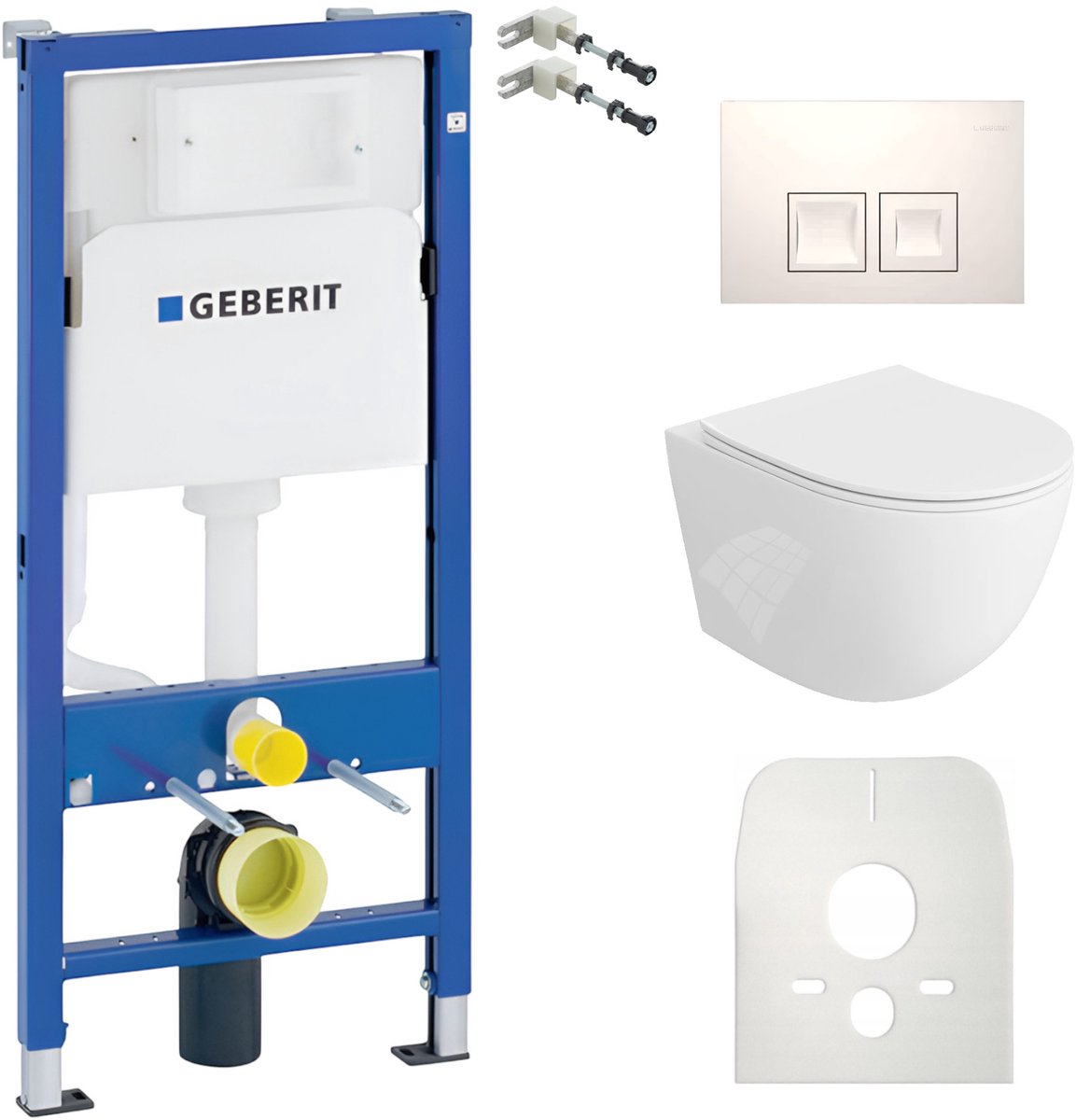 Inbouwreservoir Complete Toiletset Geberit Duofix Basic - Inbouw WC Hangtoilet Wandcloset SINTO Wit Hoogglans - Bedieningsplaat DELTA Wit - Voorwandelement - Installatiesysteem