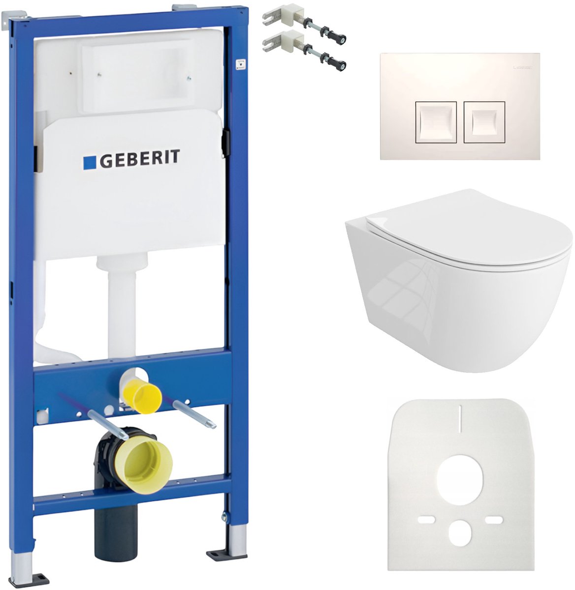 Inbouwreservoir Complete Toiletset Geberit Duofix Basic - Inbouw WC Hangtoilet Wandcloset SINTO GRANDE Wit Hoogglans - Bedieningsplaat DELTA Wit - Voorwandelement - Installatiesysteem