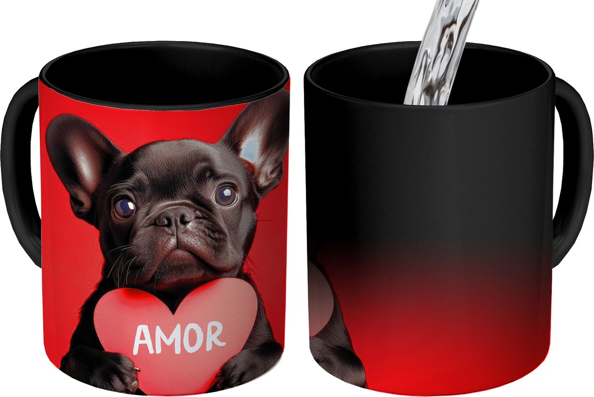 Magische Mok - Foto op Warmte Mokken - Koffiemok - Amor - Hond - Hartje - Rood - Magic Mok - Beker - 350 ML - Theemok