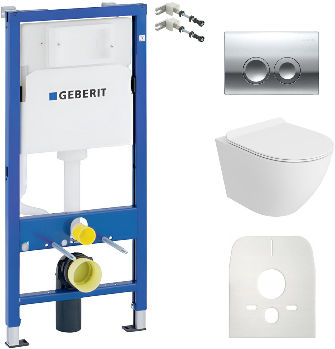 Inbouwreservoir Complete Toiletset Geberit Duofix Basic - Inbouw WC Hangtoilet Wandcloset SOFI SLIM Wit Mat - Bedieningsplaat DELTA Chroom Rund - Voorwandelement - Installatiesysteem