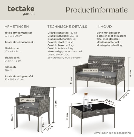 tectake® - Salon de jardin en osier Palese - Ensemble de sièges pour 4 personnes - Ensemble de meubles de jardin avec banc de salon, table de jardin et 2 chaises de jardin avec coussins d'assise - Mobilier de jardin - Hydrofuge - Grijs