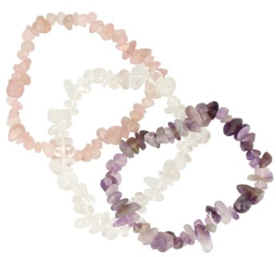 Paarse, witte en roze armbanden met steentjes, los.
