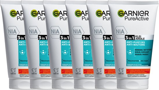 Zes tubes Garnier PureActive 3-in-1 reiniger met Niacinamide en klei.