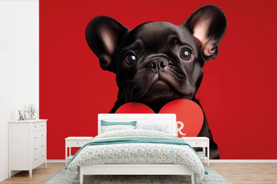 Behang - Fotobehang Amor - Hond - Hartje - Rood - Breedte 450 cm x hoogte 300 cm