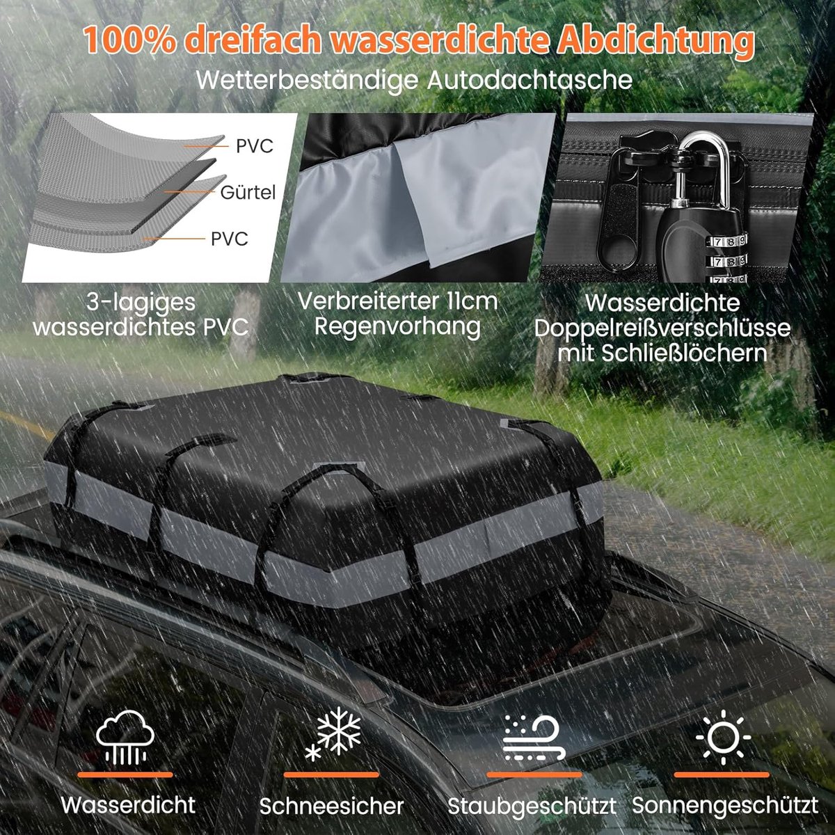 COSTWAY Dakkoffer voor de auto, inhoud 420 l, waterdichte daktas, met cijferslot, 6 deurhaken, antislipmat en draagtas, opvouwbare bagagebox, voor alle voertuigen, zowel met/zonder dakdragers, grijs – foto 2