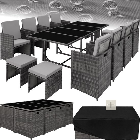 tectake® - Wicker tuinloungeset - Polyrotan tuinmeubelset, 8+4+1 zitgedeelte, 8 stoelen, 4 krukken, 1 tafel - Incl. beschermhoes, voor tuin, balkon, terras - grijs/lichtgrijs