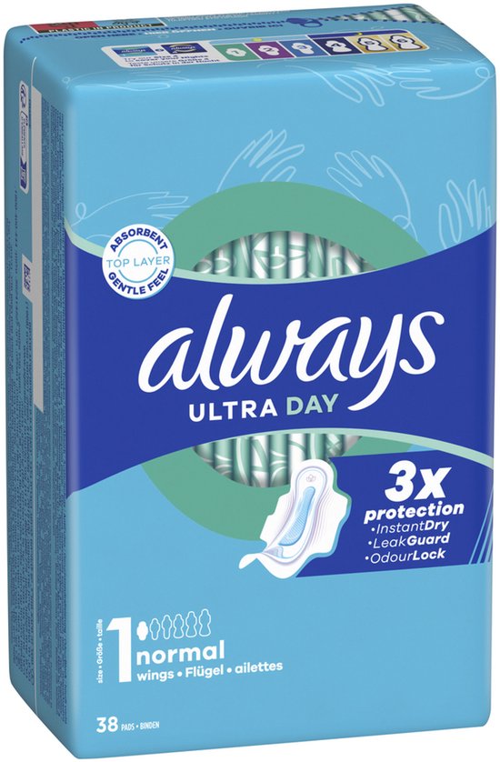 Paquet de serviettes hygiéniques Always Ultra Day, taille 1, normal, 38 pièces, avec 3x protection, InstantDry, LeakGuard, OdourLock.