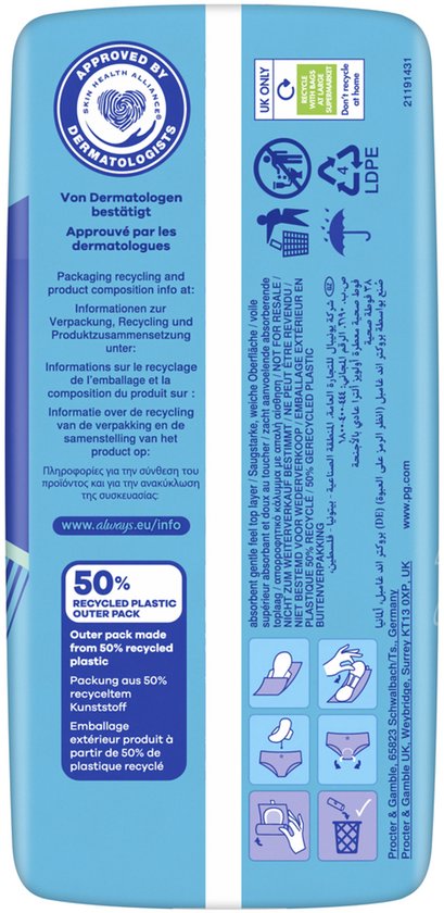 Arrière d'un paquet de serviettes hygiéniques Always approuvé par les dermatologues et informations sur le recyclage.