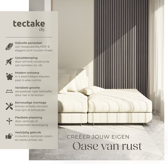 tectake® Akoestische Panelen - Set van 2 - Akoestisch Wandpaneel - 60 x 120 cm - 1,44 m² - Wandpanelen met Aanpasbare Grootte - Lattenwand van MDF en Houtfineer - Geluidsisolatie - Stijlvolle Wanddecoratie - Eenvoudige Montage - Eiken Lichtgrijs