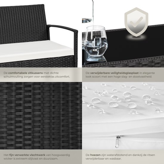 tectake® Tuinset 4 persoons - 2 Tuinstoelen - Tuintafel - Tuinbank - Wicker - Zwart - Geschikt voor tuin, balkon, terras, lounge of serre - Weer- en UV-bestendig