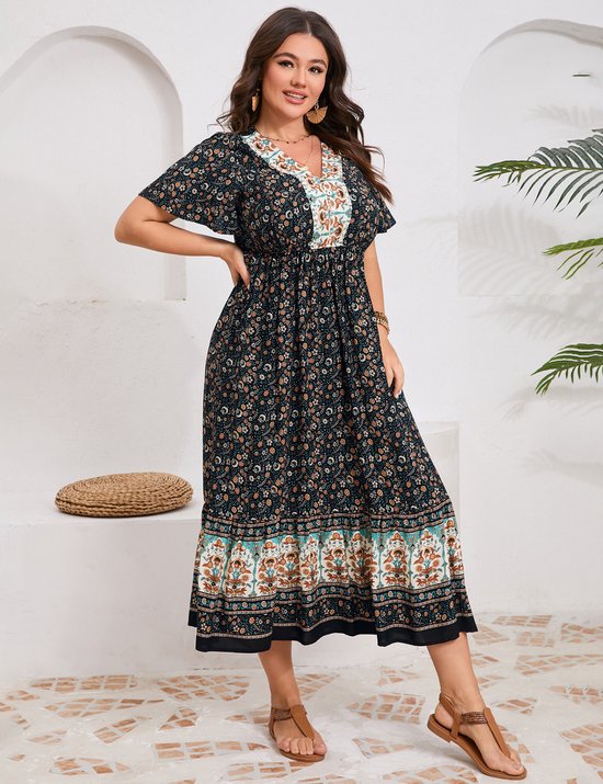 Zomerjurk voor dames, Boho maxi-jurken met korte mouwen, gesmokte strandjurk, lange bloemenjurk, volantjurk met ruches Zwart XL