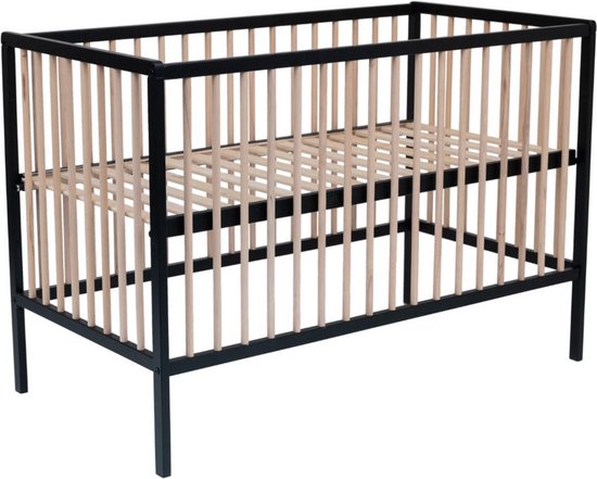 Cabino Baby Bed / Ledikant Happy Open 60x120 cm Met Verstelbare Bodem & Massief Hout - Zwart & Naturel