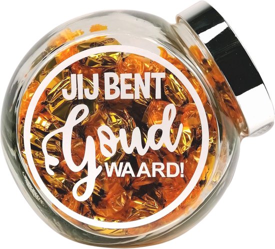 Snoeppot - bedankt - bedankt collega - waardering cadeau - Jij bent Goud waard - gevuld met toffee's - Secretaressedag - Dag van de zorg cadeau