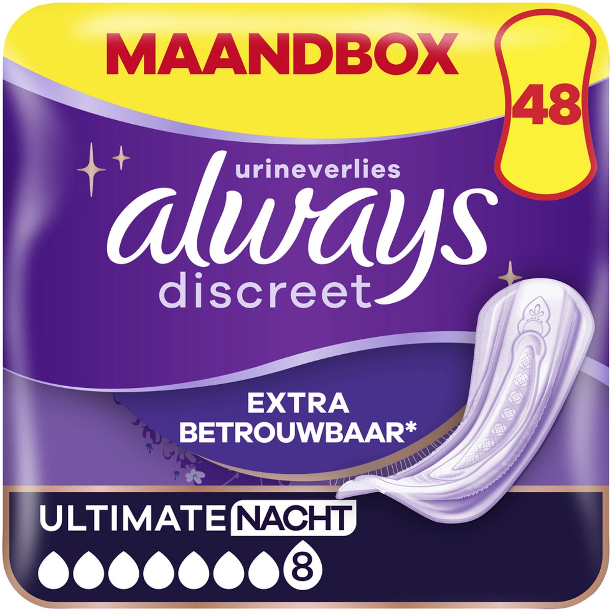 Goedkoopste Always Discreet Verband Voor Urineverlies Dames Ultimate Nacht - 48 Verbanden - Maandbox