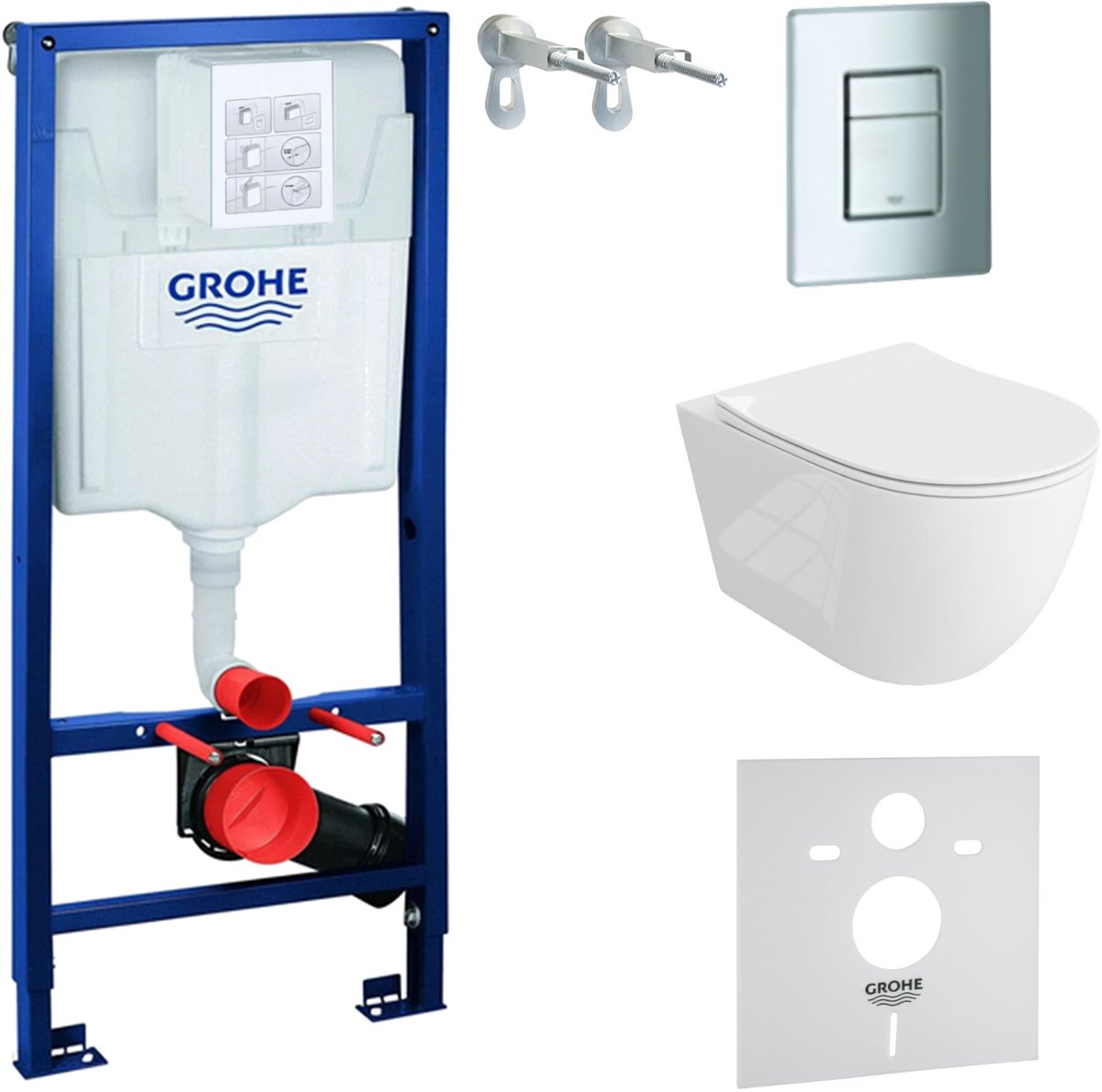 Inbouwreservoir Complete Toiletset Grohe Solido 39069000 - Inbouw WC Hangtoilet Wandcloset Sinto Grande Wit Hoogglans - Bedieningsplaat EVEN 4in1 Chroom - Voorwandelement - Installatiesysteem