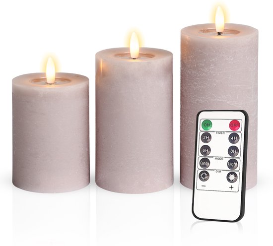 Meisterhome – 3 x Led Stompkaars - Matera Beige – Stompkaars Echte wax - Led kaarsen - 10 / 12.5 / 15 cm Hoog - Met afstandsbediening – Timer 2/4/6/8 uur – Dimbaar