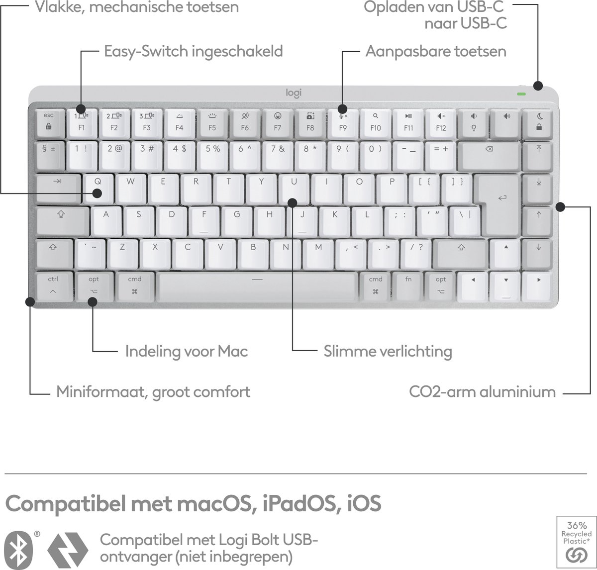 Logitech MX Mechanical Mini voor Mac - Draadloos Toetsenbord - QWERTY US - Wit thumbnail 6