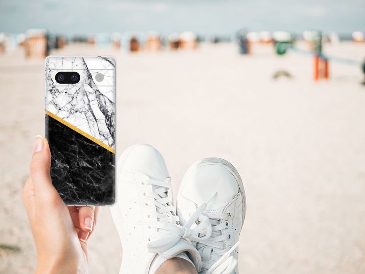 Google Pixel 7A TPU Siliconen Hoesje Marmer Wit Zwart - Origineel Cadeau Man