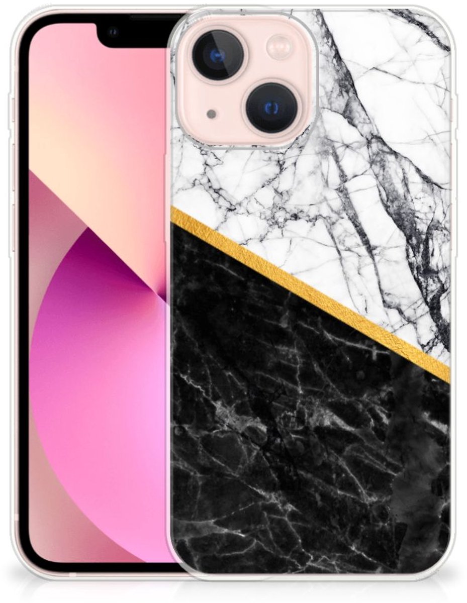 iPhone 13 mini TPU Siliconen Hoesje Marmer Wit Zwart - Origineel Cadeau Man