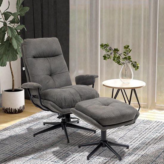 Sweiko Relaxfauteuil - met Kruk - Verstelbare rugleuning - 360° Draaibaar - Microvezel - Donkergrijs