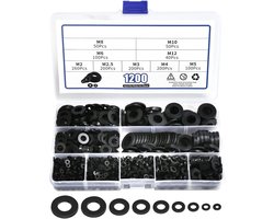 1200 stuks nylon platte ringen voor schroeven en bouten, zwarte plastic ringen, premium spatbordringen assortimentset, diverse ringenset (9 maten-M2 M2.5 M3 M4 M5 M6 M8 M10 M12) voor huishoudelijk en commercieel gebruik