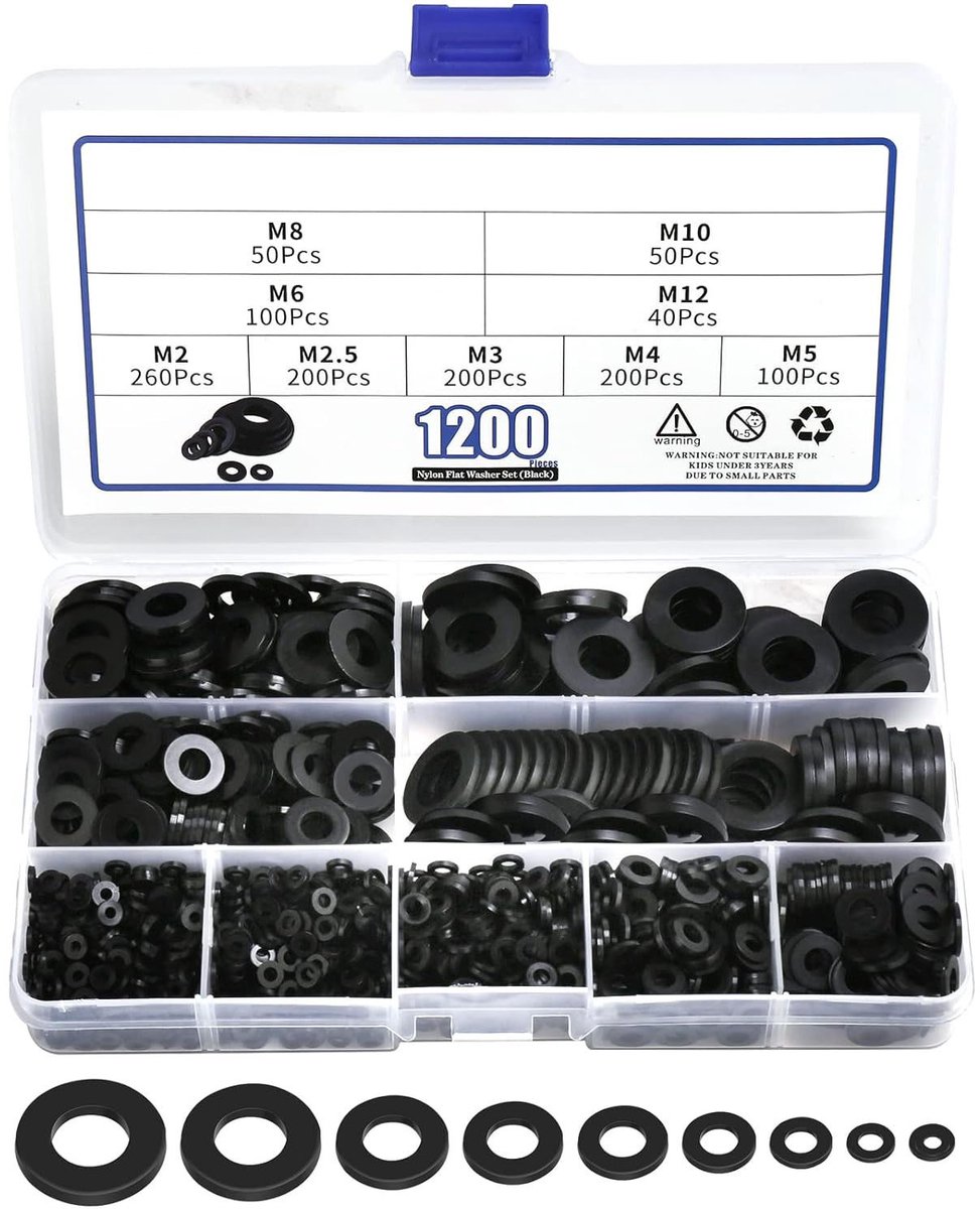 1200 stuks nylon platte ringen voor schroeven en bouten, zwarte plastic ringen, premium spatbordringen assortimentset, diverse ringenset (9 maten-M2 M2.5 M3 M4 M5 M6 M8 M10 M12) voor huishoudelijk en commercieel gebruik