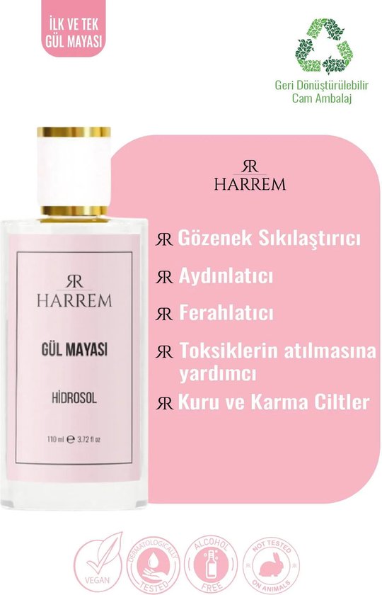 Flesje Harrem Gül Mayasi en een lijst met voordelen zoals porieverstevigend en verhelderend.