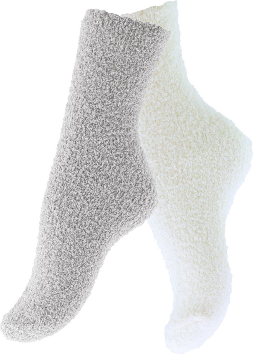Calzera Fluffy Sokken Dames - 2 Paar - Grijs/Wit - Huissokken - Badstof - Dikke Wintersokken - Cadeau voor haar - Housewarming - Verjaardag - Vrouw - Maat 35-42