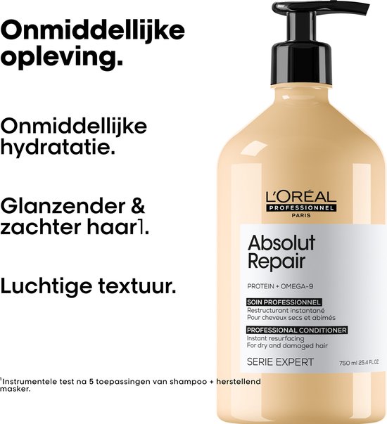 L'Oréal Professionnel Absolut Repair conditionneur avec distributeur à pompe. Bouteille beige avec étiquette blanche.