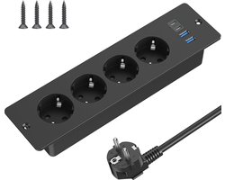StayPowered Inbouw Stekkerdoos - Slim en Ruimtebesparend - 4 Stopcontacten - 2 USB-A - 2 USB-C - 2m Kabel - Eenvoudige Installatie - Verzonken Design - Geschikt voor Kantoor en Thuis - Zwart - Levering Sneller dan Aangegeven!