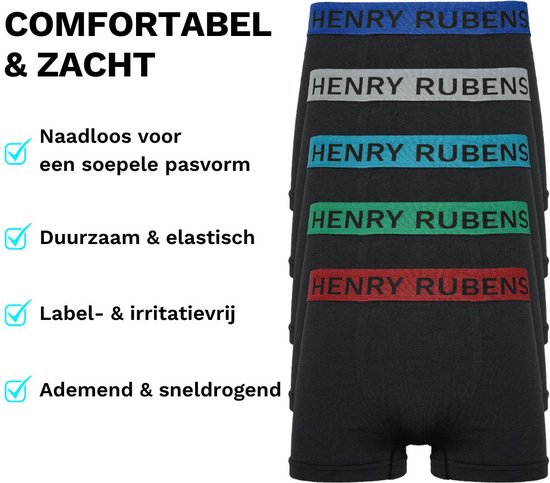 Zwarte boxershorts van Henry Rubens met gekleurde taillebanden: blauw, grijs, lichtblauw, groen en rood. Naadloos, duurzaam, ademend.