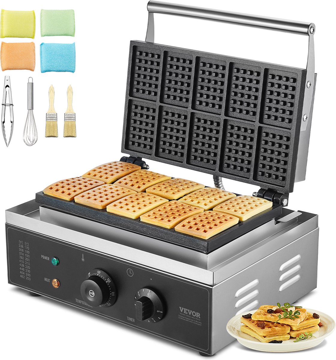 VEVOR Commercieel Wafelijzer Wafelijzer 1550W 10 Rechthoekige Wafels Zilver