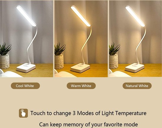 Draadloze Led Bureaulamp - Dimbaar - Geschikt voor Lezen en Studie - 1 stuk - Wit - Kunststof - Klein — afbeelding 3