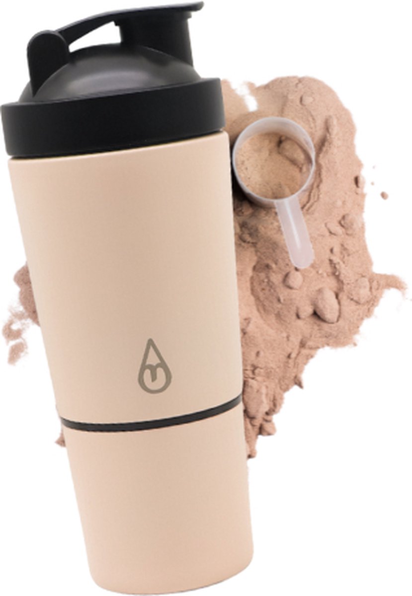 Motivai RVS Shakebeker met Poedercompartiment - Crème - Shaker - 2 Delige Shaker - 600ml - Motivatie Waterfles - Dames - Voor het maken van Shake's - Thermo Shakebeker - Ook voor Supplementen - Extra Compartiment van 200g - Met Shakebal