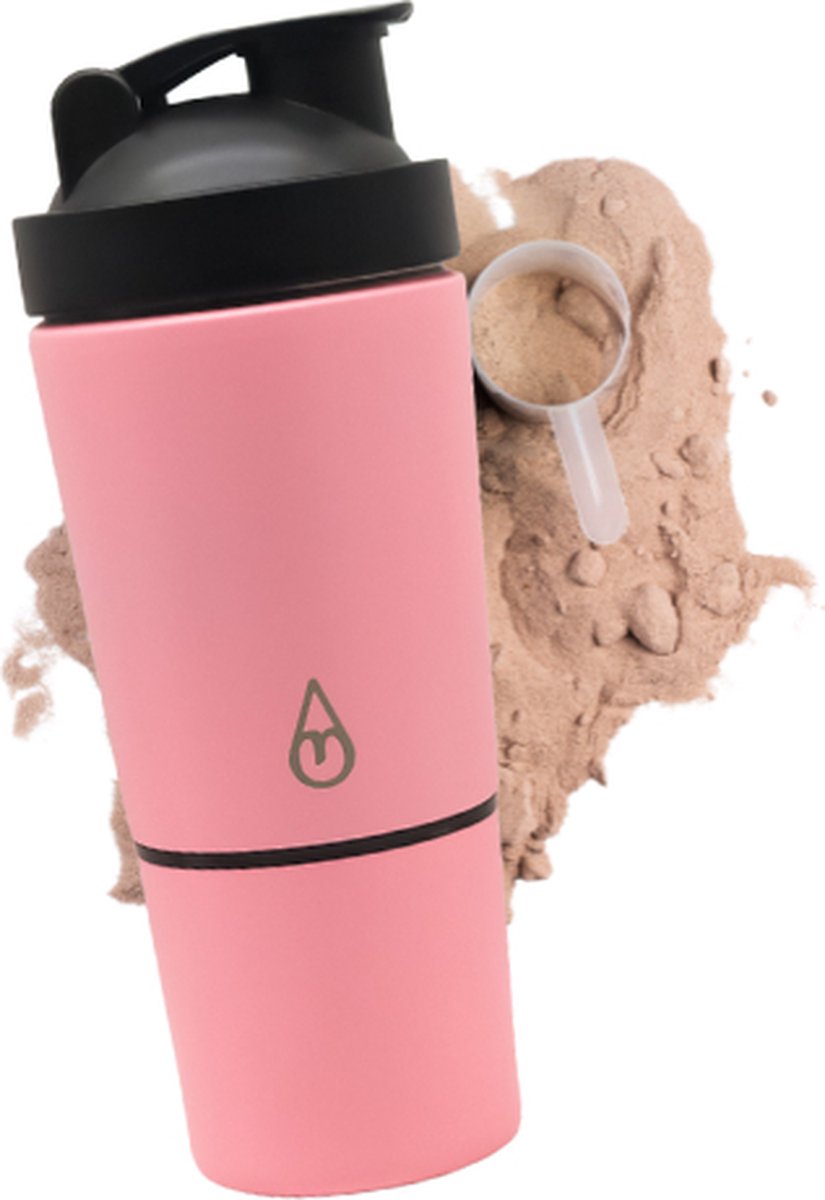 Motivai RVS Shakebeker met Poedercompartiment - Roze - Shaker - 2 Delige Shaker - 600ml - Motivatie Waterfles - Dames - Voor het maken van Shake's - Thermo Shakebeker - Ook voor Supplementen - Extra Compartiment van 200g - Met Shakebal