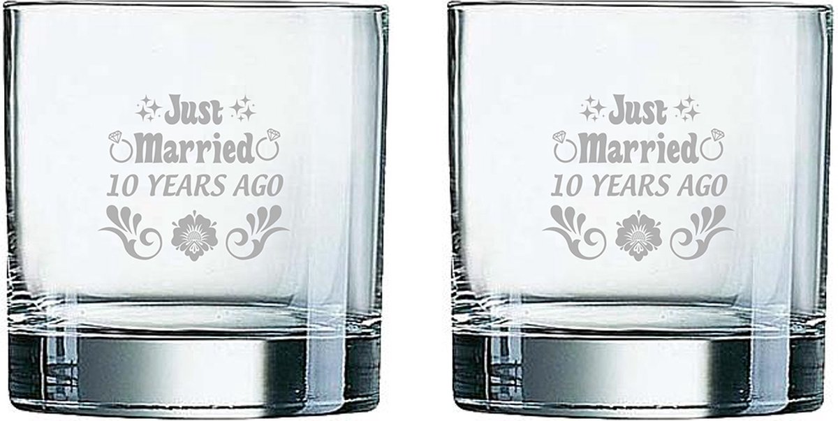 Gegraveerde set Whiskeyglazen 38cl Just Married 10 years ago
