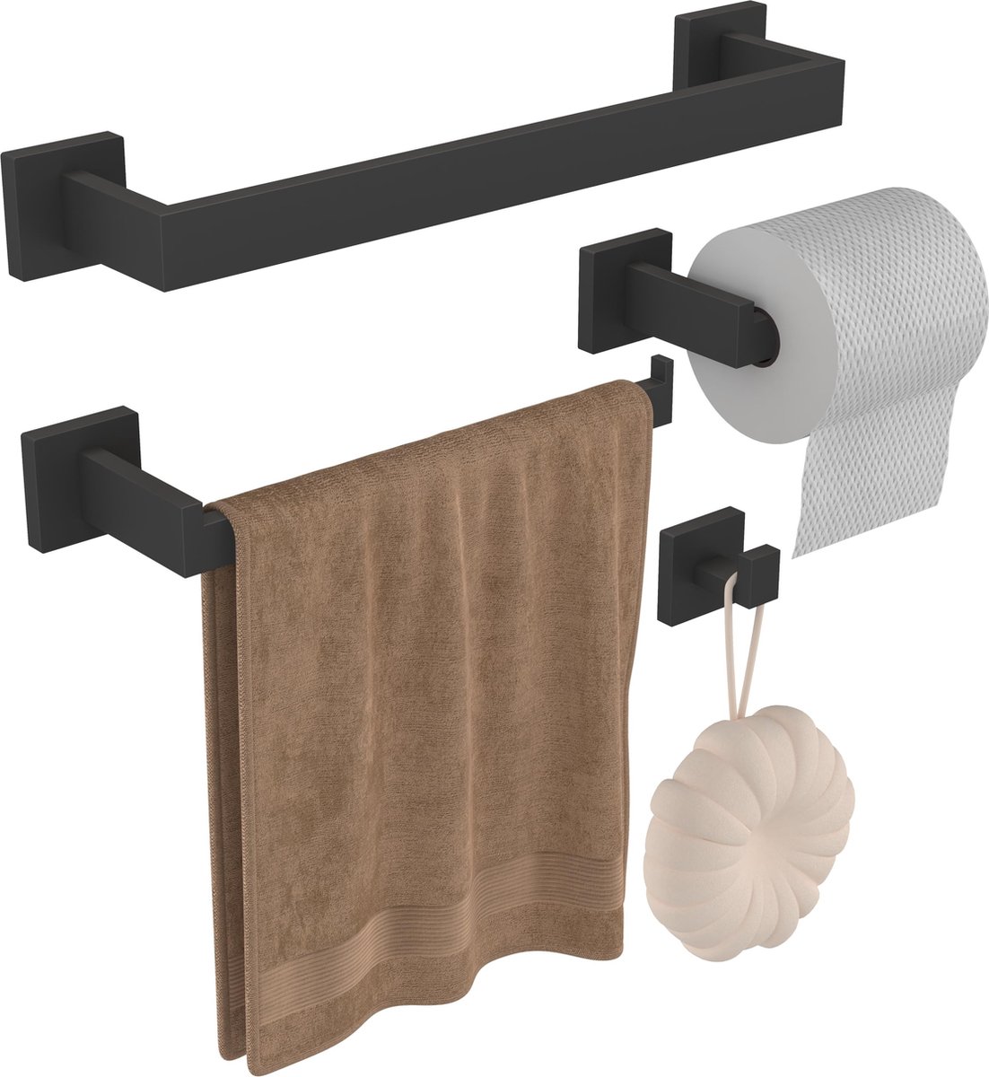 La'Moussawi ® Stijlvolle Vierdelige Badkamer Accessoireset met Handdoekstang en Toiletpapierhouder in Zwart
