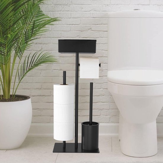 Zwarte vrijstaande toiletrolhouder met ruimte voor extra rollen en toiletborstel.