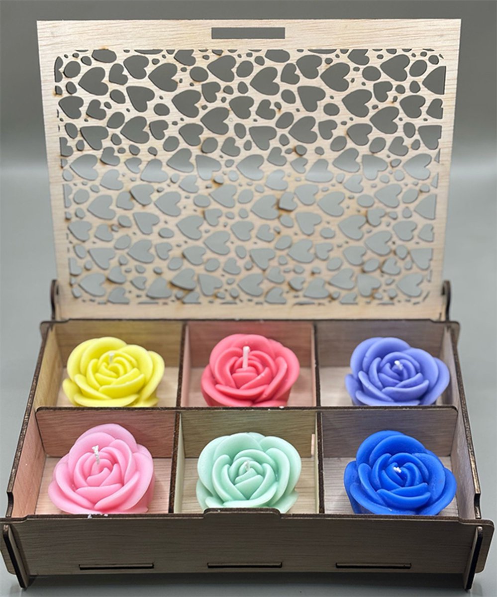 Luxe Geurkaarsen Set – Handgemaakte Rozen Kaarsen in Houten Geschenkdoos – 6 Geuren – Romantische Decoratie & Perfect Cadeau