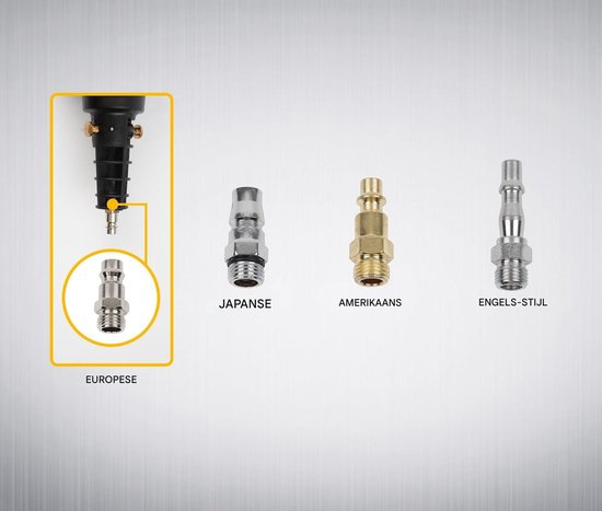 Verschillende luchtkoppelingen: Europees, Japans, Amerikaans en Engels. Zwart met goudkleurige details.