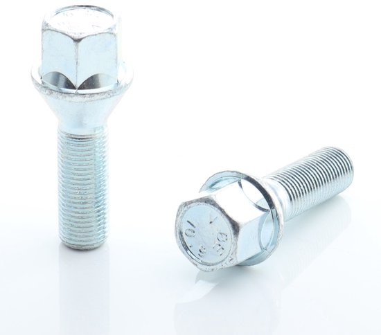 Twee glanzende, zilverkleurige wielbouten met zeskantkop en schroefdraad.