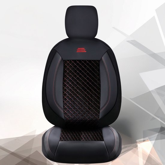 Housses de siège de voiture pour Volkswagen T-Roc 2017 sur mesure| Ensemble de 2 pièces | Siège conducteur + passager série AIS | AIS101 | Zwart avec coutures rouges