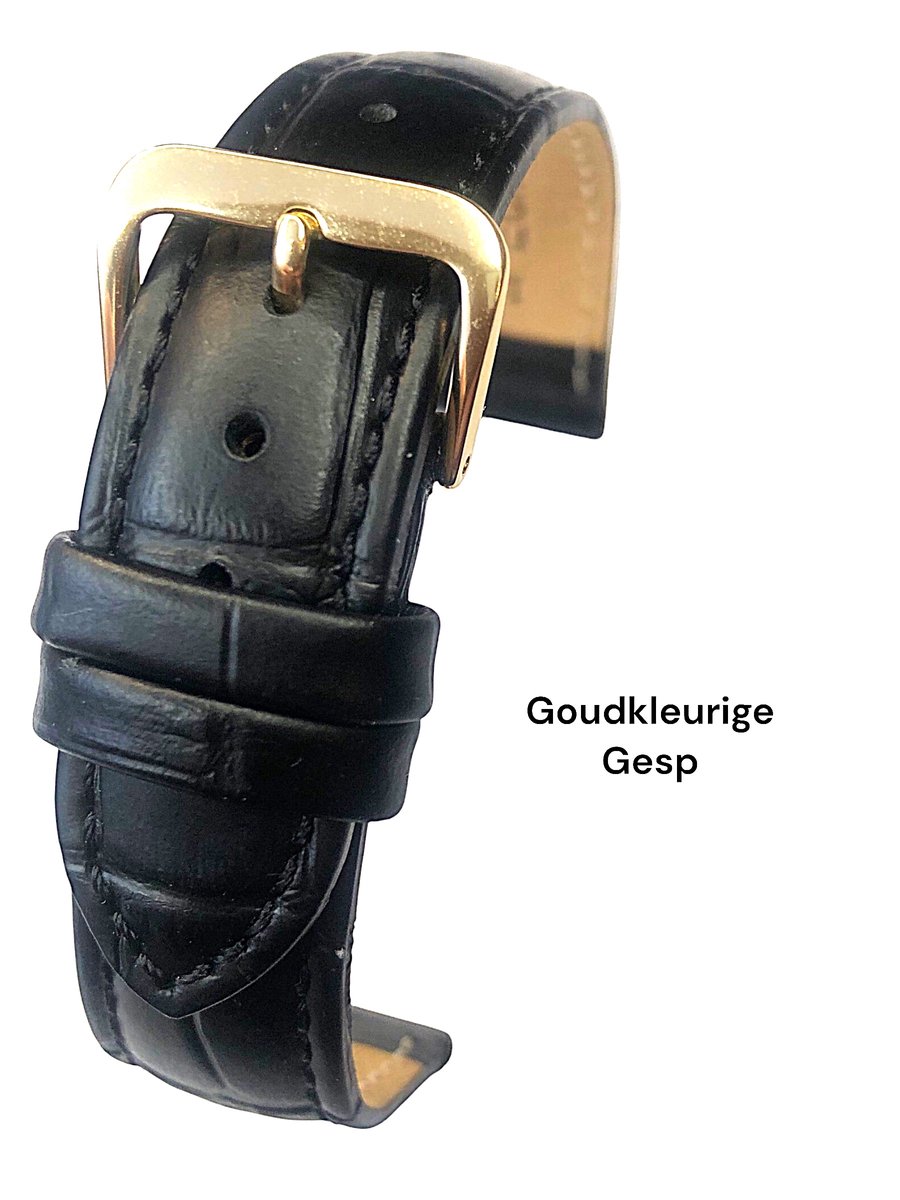 Horlogeband-horgebandje-14mm-echt leer-zwart-gevuld-croco-zacht-goudkleurige gesp-leer-14 mm