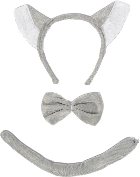 Grijze diadeem met kattenoren, vlinderdas en staart.