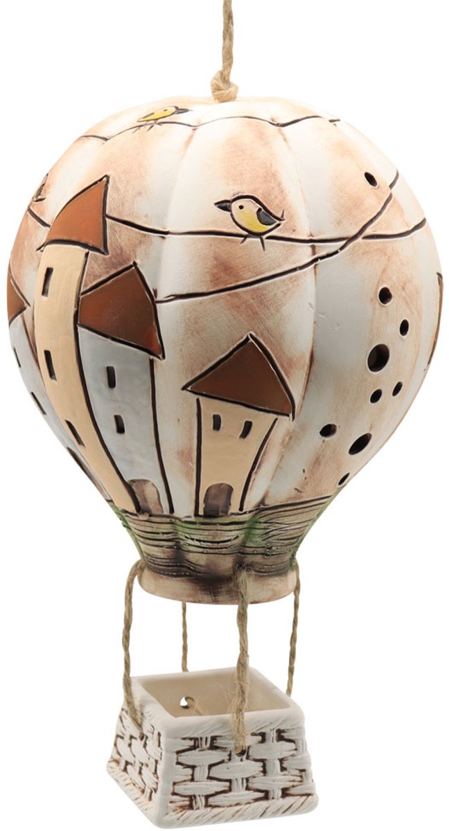 Tuindecoratie luchtballon keramiek vogel huis 22 cm - handgemaakt en hand geschilderd beeld hangend