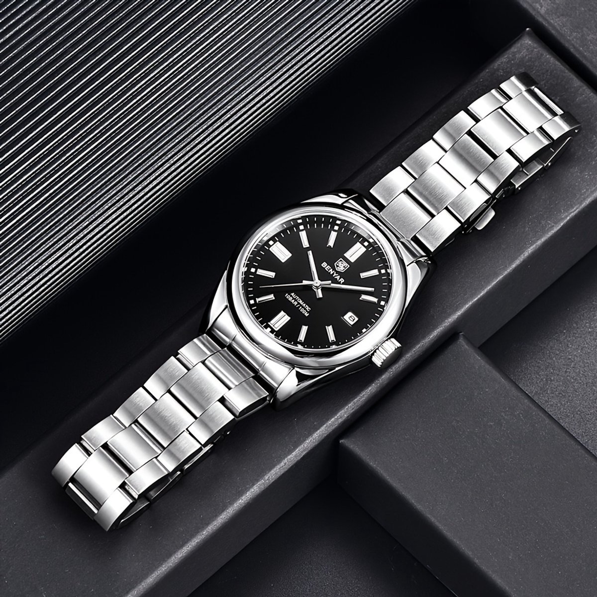 Benyar® Heren Horloge Klassiek en Sportief -Horloge voor mannen - Waterdicht - Kalenderfunctie - Roestvrijstaal - Zwart